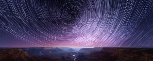 Majestic canyon landscape under swirling star trails. Evokes wonder, exploration, and the vastness of time. Perfect for travel, science, or spiritual themes.
