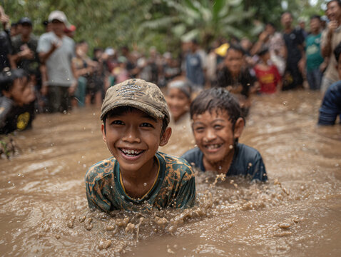 Children laughing joyfully while participating in a fishing competition at the Perlis Water Festival, muddy and playful, eyes sparkling with excitement