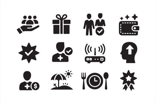 Silhouette icons for business perks, online services, and vacation benefits