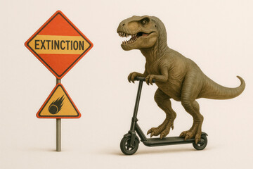 Dinosaur on a scooter in front of the Extinction sign. Space for text.