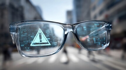 Futuristic augmented reality glasses display warning symbols in a bustling urban setting.