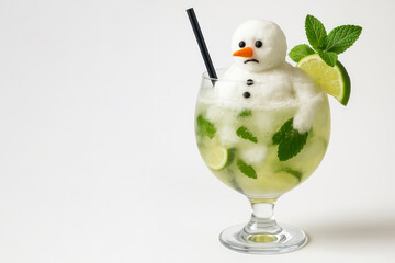 A snowman in a cocktail with lime and mint. Space for text.