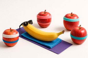 Banana with glasses on the beach among sports apples. Space for text.