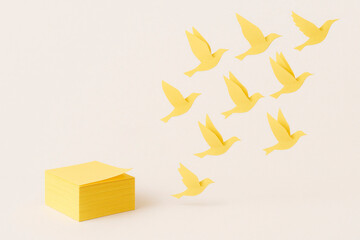 Stickers turn into yellow paper birds. Space for text.