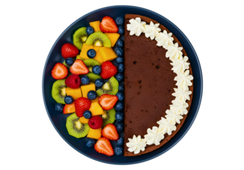 Top view shot with the blue plate is divided in half one side filled with mixed fruits, the other side with a chocolate dessert topped with whipped cream.