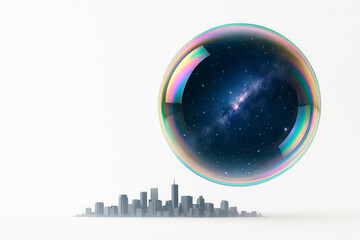 A soap bubble with a galaxy above the silhouette of the city. Space for text.