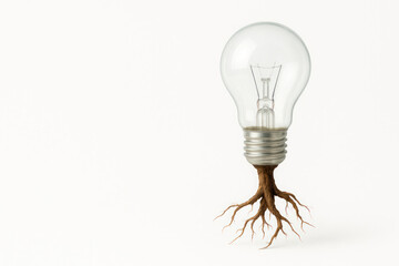 A photorealistic bulb with roots instead of a base on a light background. Space for text.