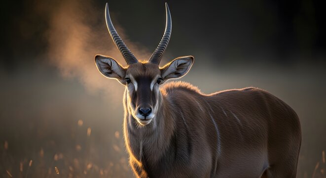 A majestic common eland antelope stands in a grassy field, its impressive horns illuminated by the golden, hazy light of dawn. - Powered by Adobe