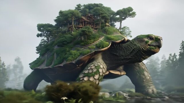 A colossal turtle carrying a magical forest garden on its back. 4k animation video