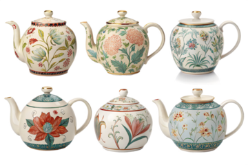 Six Unique Floral Teapots Elegant Teaware Collection Isolated On Transparent Background