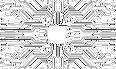 Plakat Abstract black circuit board technology connected lines electronics elements computer motherboard chip processor semiconductor digital on white background vector