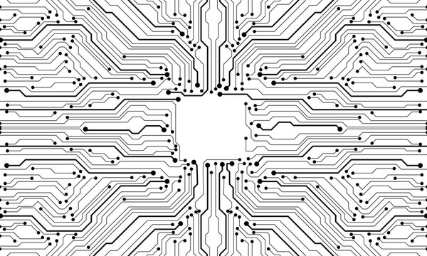 Abstract black circuit board technology connected lines electronics elements computer motherboard chip processor semiconductor digital on white background vector