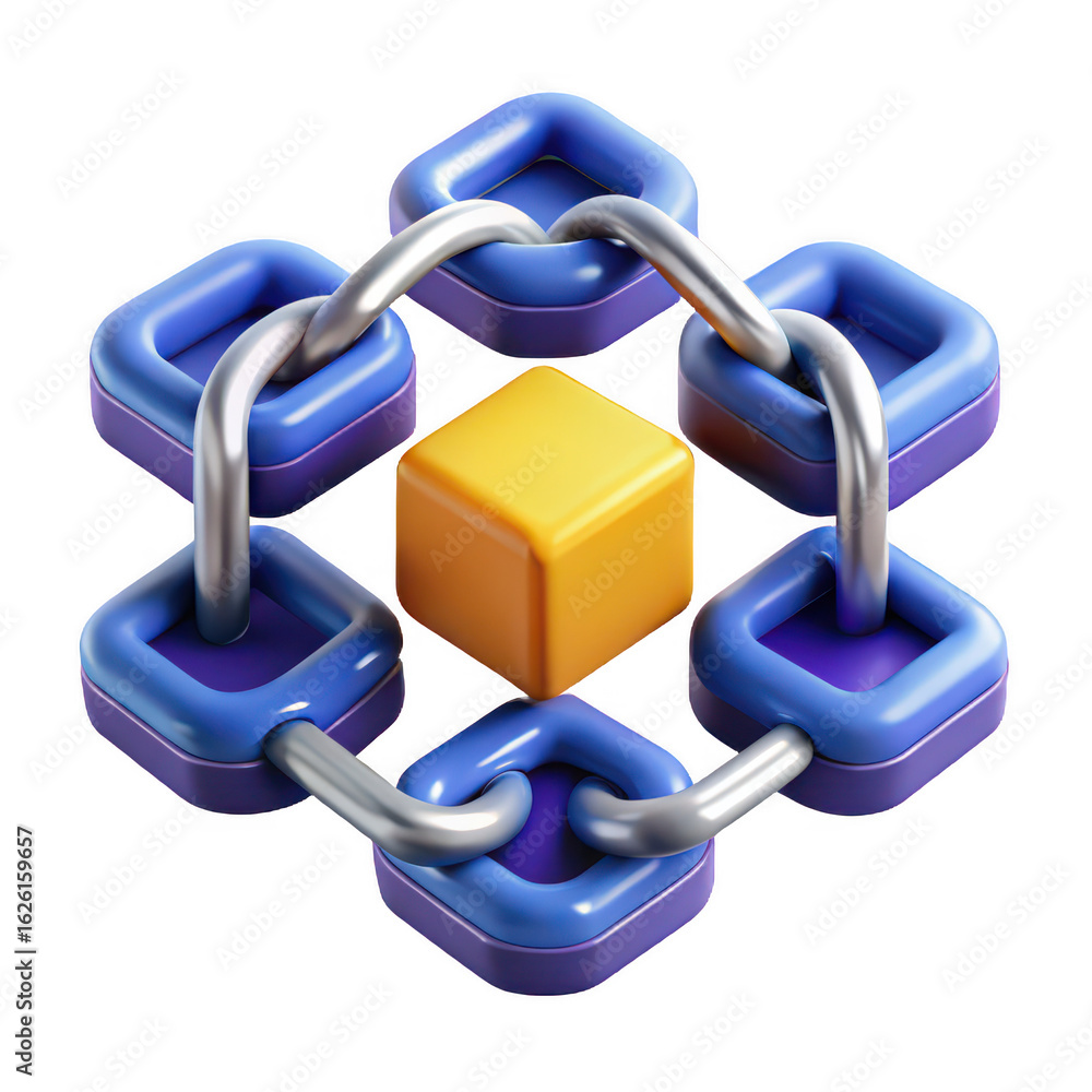 Aufkleber abstract geometric connection of blue links around a yellow cube isolated on transparent background