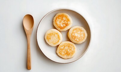 Crispy Thai coconut pancakes (Khanom Krok) arranged in a minimalist ceramic plate. Lightly golden, with soft, milky centers. A small wooden spoon beside the dish for scale. White background, moody