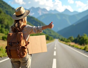 Woman hitchhiking in mountains