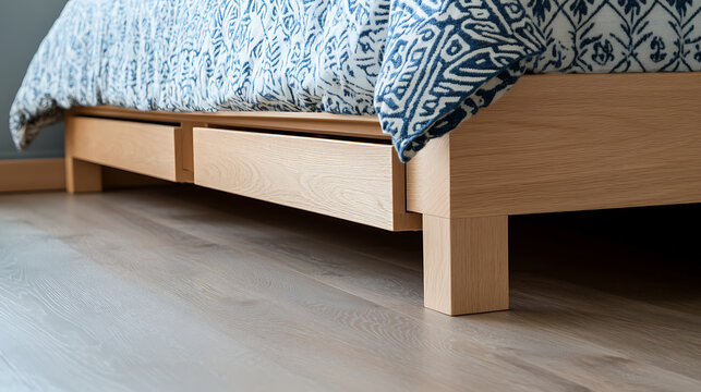 Low angle captures a modern light wood bed frame with built-in drawers, topped with a blue patterned quilt, set on a light wood floor.
