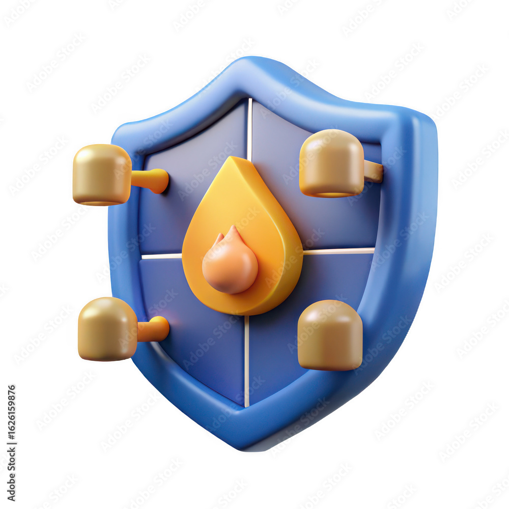 Poster 3d rendered blue shield with yellow flame and network nodes isolated on transparent background