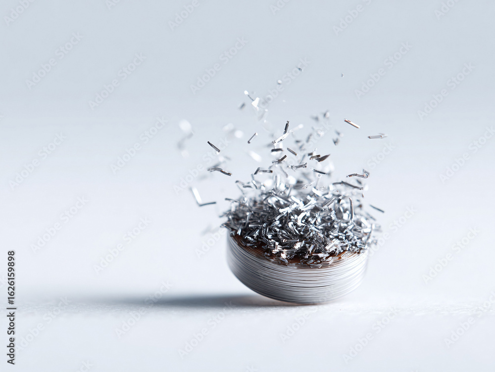 Poster abstract macro shot with metallic particles erupting from a cylindrical core. symbolizes innovation,
