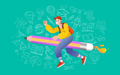 A male student joyfully rides a giant pencil like a magic carpet, surrounded by a vibrant doodle background of educational icons. 