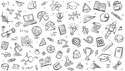 Hand-drawn educational doodles featuring science, math, and art icons on white background. Ideal for academic materials, worksheets, and creative online learning graphics.