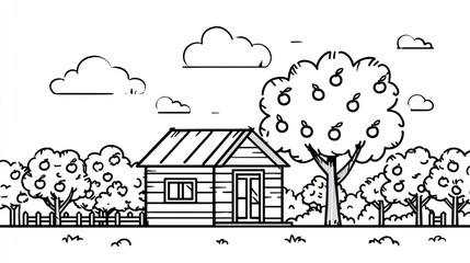 Simple black and white illustration of a small house and orchard