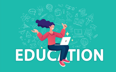 Happy student with a laptop learns online, surrounded by doodle icons representing diverse knowledge. This concept illustrates success and creativity in modern e-learning and online education.