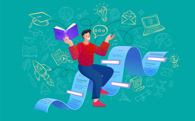 A man reads a book while floating on a long receipt, with education and science icons in the background. A concept of financial literacy, studying accounting, and understanding expenses.