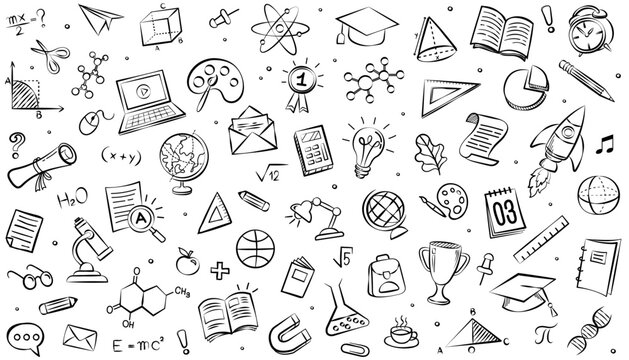 Hand-drawn educational doodles featuring science, math, and art icons on white background. Ideal for academic materials, worksheets, and creative online learning graphics.