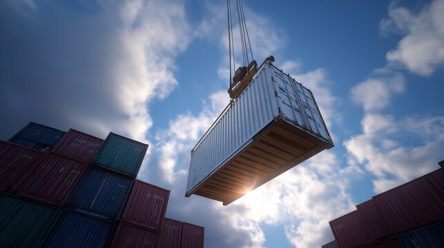Sky hook lift at a bustling dock with container operations
