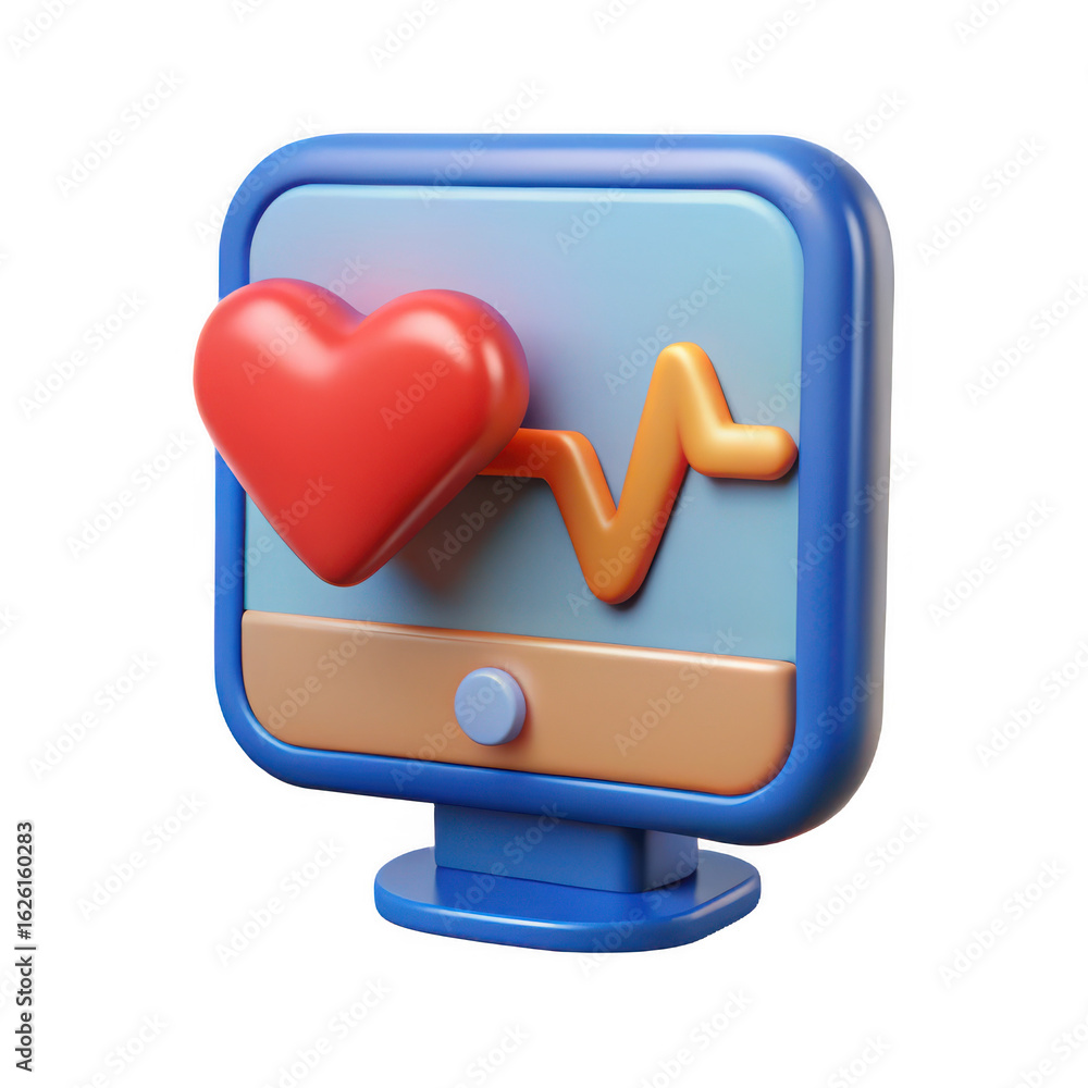 Poster 3d heartbeat monitor displayed on a computer screen isolated on transparent background