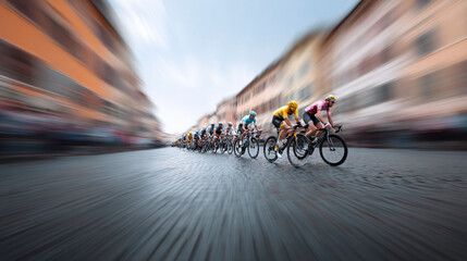 Dynamic motion blur captures a cycling race in a European city.  A metaphor for speed, teamwork, and competition. Ideal for sports, fitness, or urban lifestyle concepts.