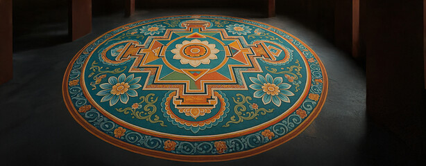Fototapeta premium Colorful Geometric Floral Mandala Rug with Intricate Pattern Design