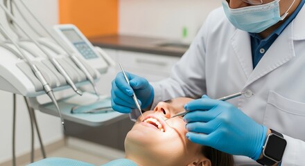 Dentist Examining Patient Teeth with Dental Instruments in Brightly Lit Modern Clinic Patient in Dental Chair Wearing White Coat and Blue Gloves Focus on Oral Hygiene