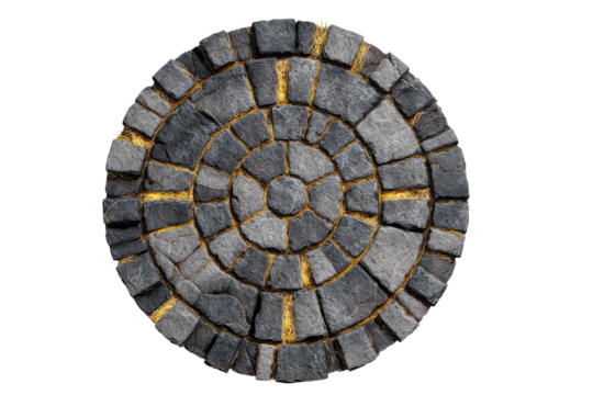 Circular stone paving design, dark gray stones arranged in concentric rings around a central point, highlighted with yellow lines
