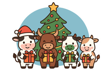 Naklejka premium Wishing you a merry Christmas and happy New Year with an ox and a cute cow in a party cartoon