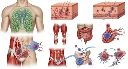 Detailed Human Anatomy Illustration Featuring Lungs Skin Muscles and Intestines Depicting Cellular Processes in a Medical Scientific Visual on White Backdrop