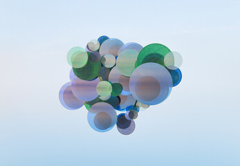 3D rendering of Stacked Transparent Glass Discs with Iridescent Edges on Marble Floor in Soft Natural Lighting