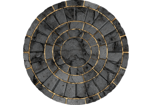 Circular stone mosaic, dark gray stones with gold trim.  A detailed, symmetrical design radiating outward from a central point