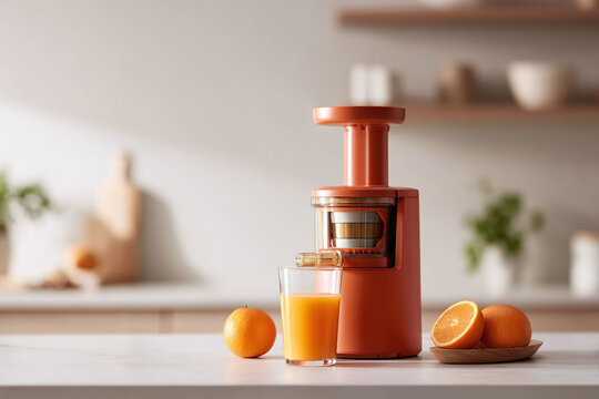 Vibrant scene featuring a modern slow juicer, fresh oranges, and a glass of juice on a clean kitchen counter. Concept health, wellness, fresh start, vitality.