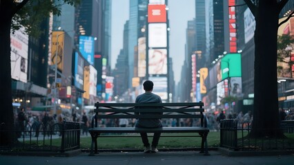 Obraz premium A solitary figure sits on a bench, facing a vibrant cityscape filled with illuminated billboards and towering skyscrapers.