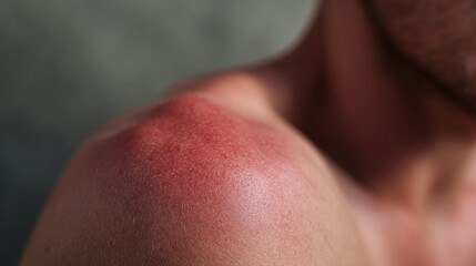 Closeup of sunburned shoulder. Represents health, skin damage, overexposure, summer caution, medical awareness,  beauty risks. For skincare  wellness themes.