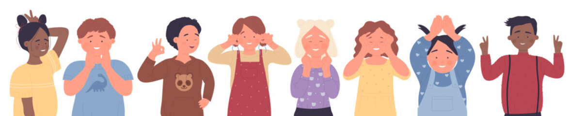 Group of diverse children making funny faces and playful gestures, expressing joy and humor, perfect for childhood and friendship themes, isolated on white background vector illustration