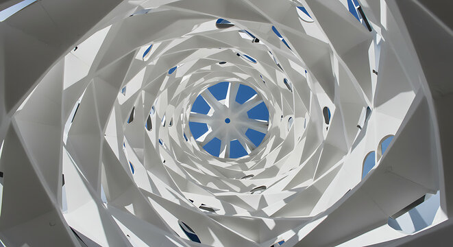 Abstract geometric tunnel with blue center and white walls