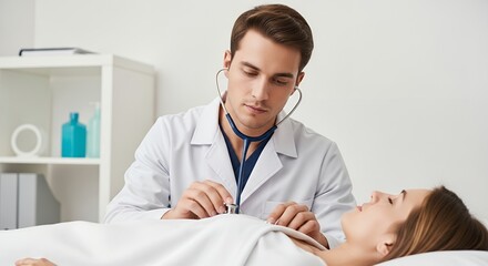 Obraz premium Doctor Examines Female Patient with Stethoscope in White Coat Medical Setting During Clinical Examination Table and Shelf With Clinical Items