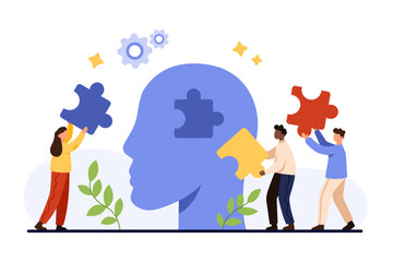 People collaborating to solve a head-shaped puzzle, symbolizing teamwork, mental health, and problem solving, isolated on white background vector illustration