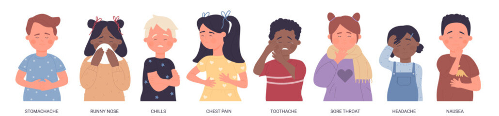 Children showing common illness symptoms like stomachache, runny nose, chills, chest pain, toothache, sore throat, headache, and nausea, isolated on white background vector illustration