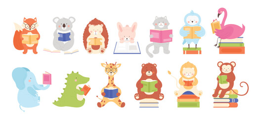 Cute animal characters read books set vector illustration. Cartoon isolated funny zoo and forest baby animals and birds reading library literature to learn and study, school education collection