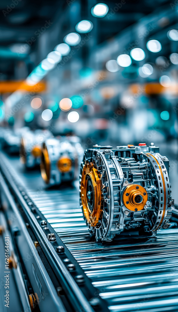 Poster automated assembly line showcasing high-tech engine components in a modern manufacturing facility
