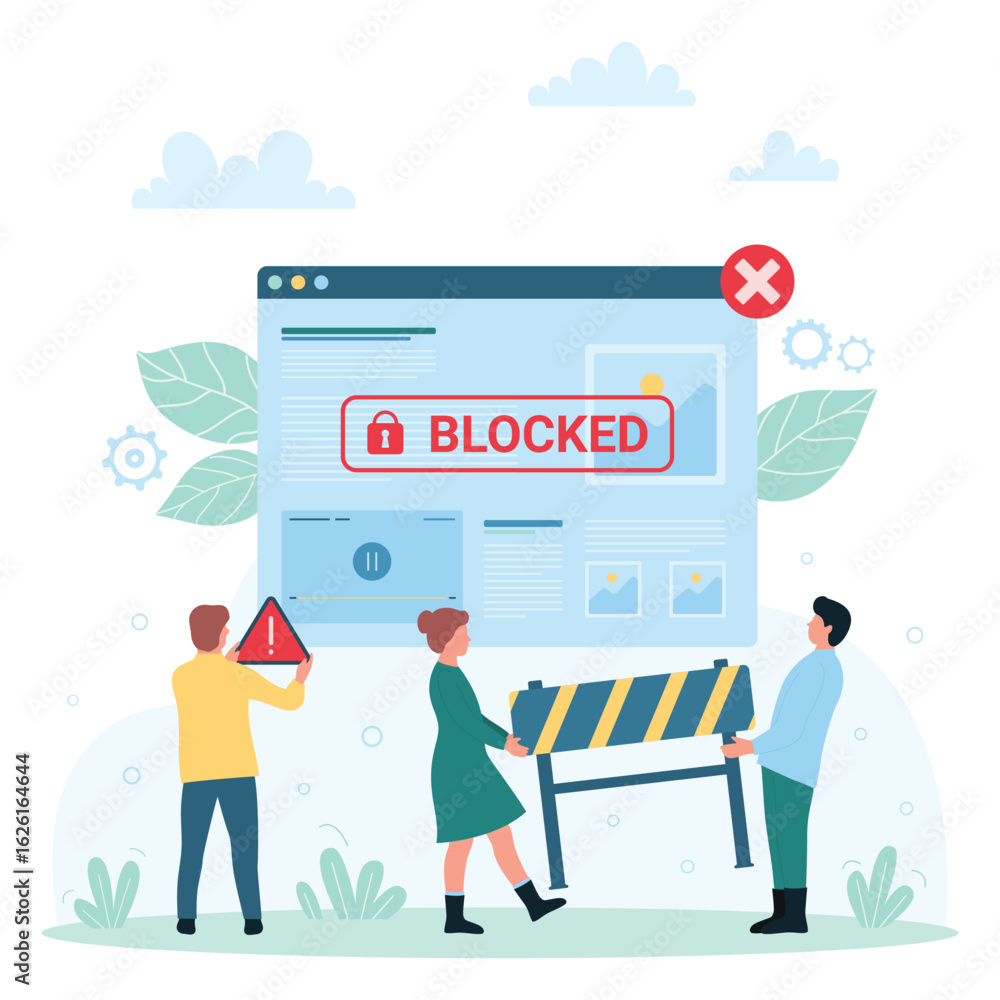 Aufkleber content restriction, ip blocking vector illustration. cartoon tiny people holding warning notificati