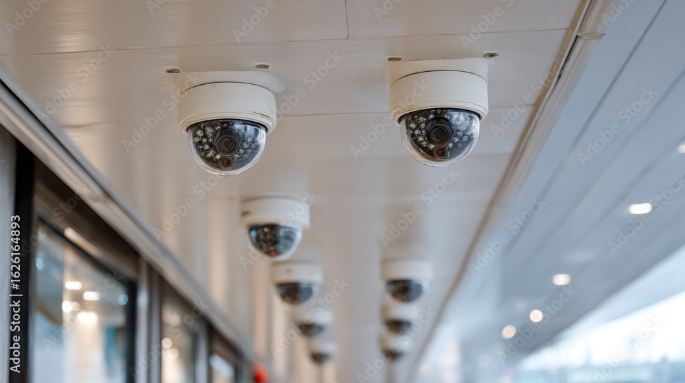 Aufkleber multiple security cameras installed on a building ceiling for surveillance
